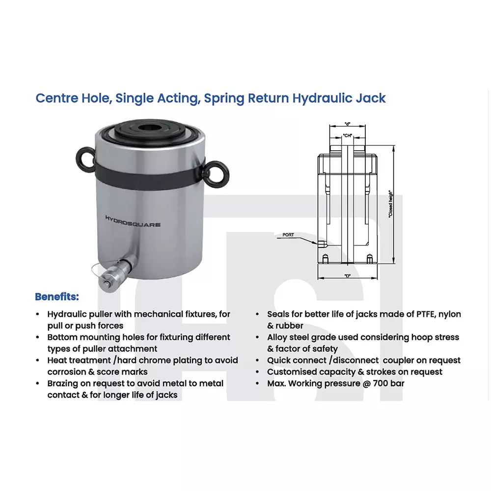 Hydro Square HCHS Series 30000 Kg (30 Ton) Center Hole Hydraulic Jack 100 mm Stroke, HCHS-30/100