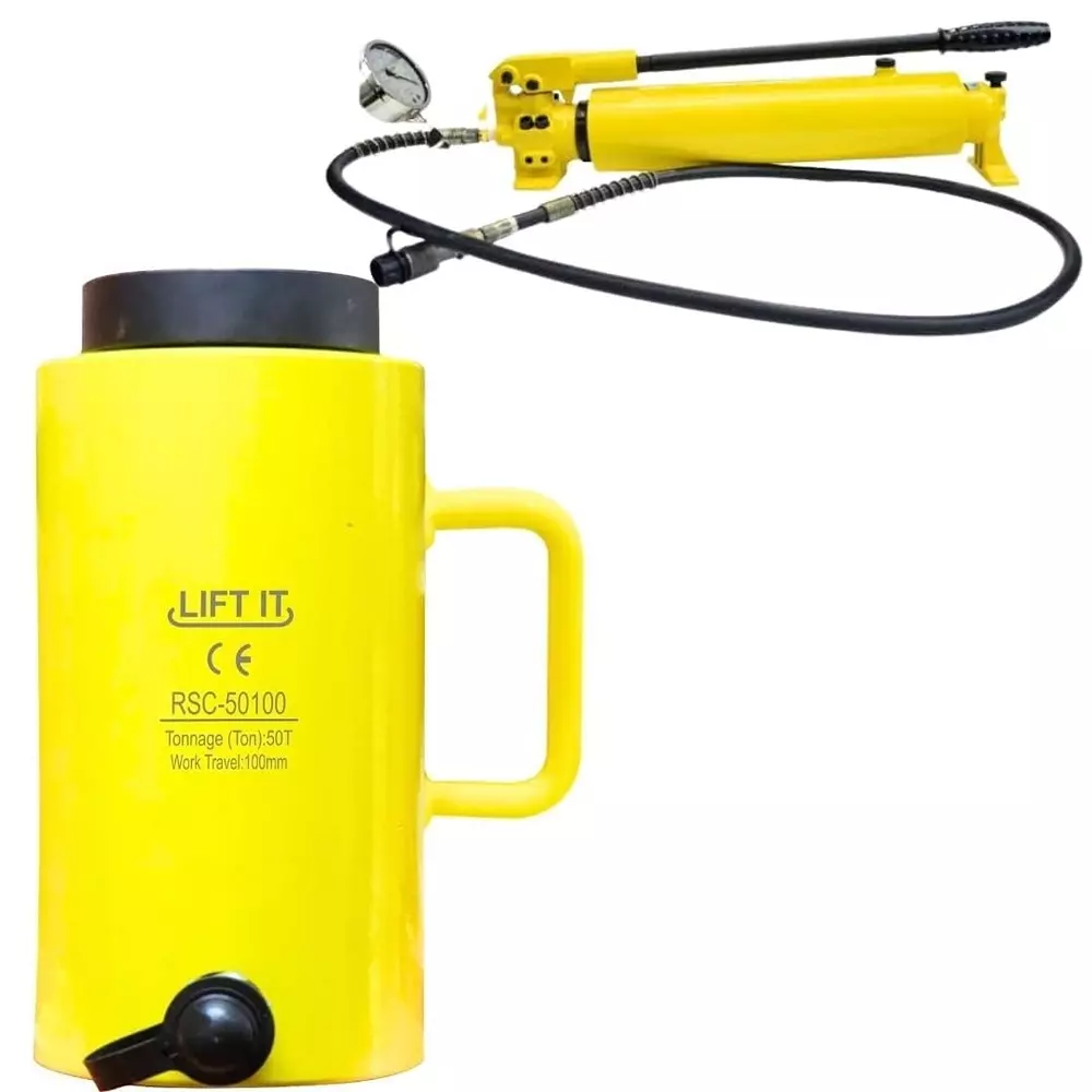 Liftit Hydraulic Single Cylinder Jack with JCP 700B Pump 50 Ton Lifting 100 mm Stroke Length 127 mm Outside Dia., RSC-50100