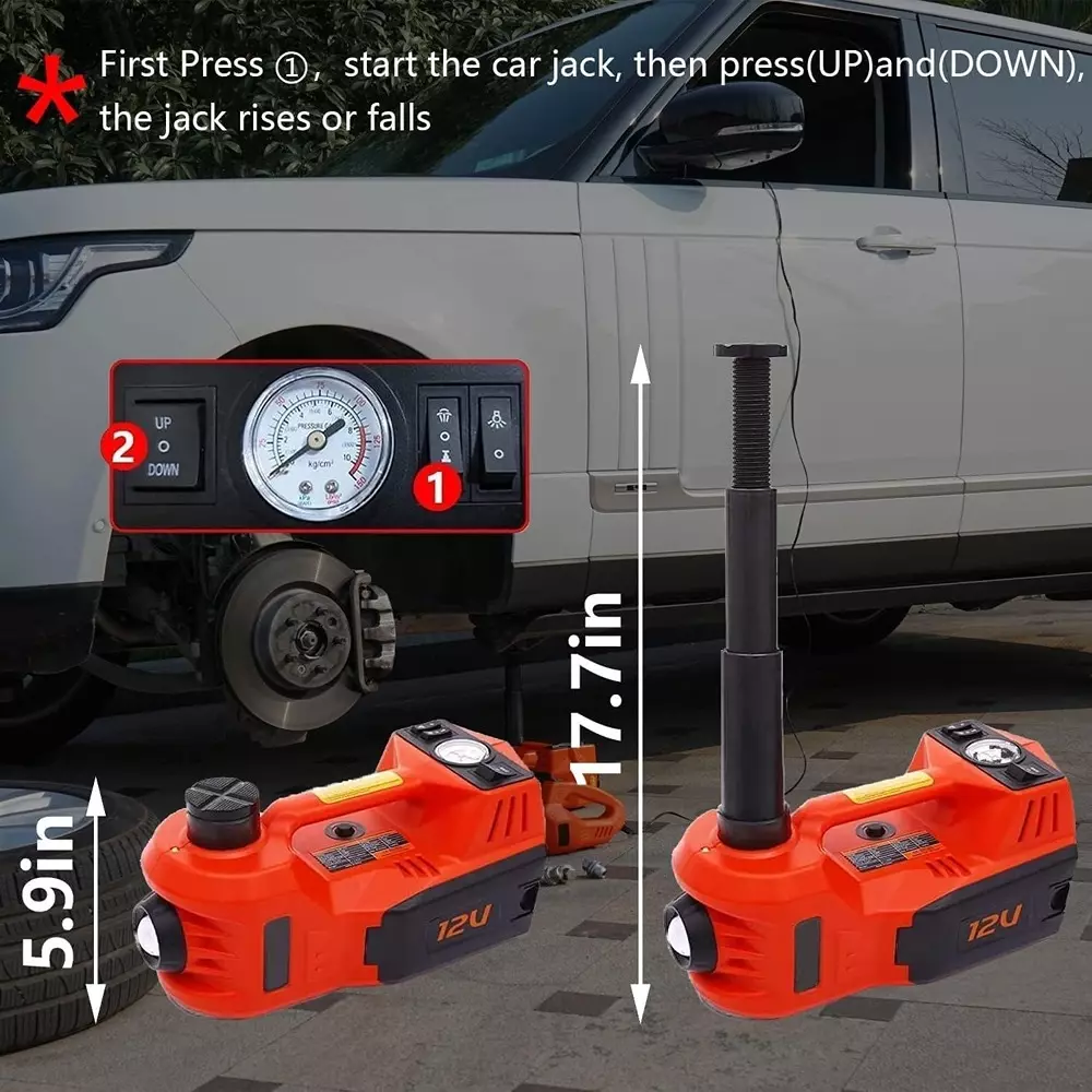 Hartley 5 in 1 Hydraulic Car Jack, Impact Wrench Tire Inflator & LED Light 5000 Kg Load Capacity Alloy Steel & Plastic 12 V DC , TY-EHJ02