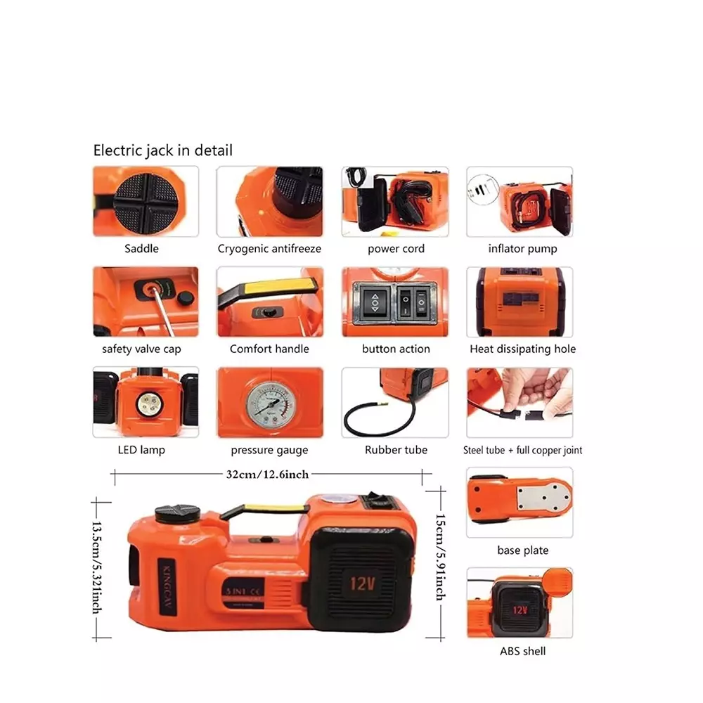 Hartley 5 in 1 Hydraulic Car Jack, Impact Wrench Tire Inflator & LED Light 5000 Kg Load Capacity Alloy Steel & Plastic 12 V DC , TY-EHJ02
