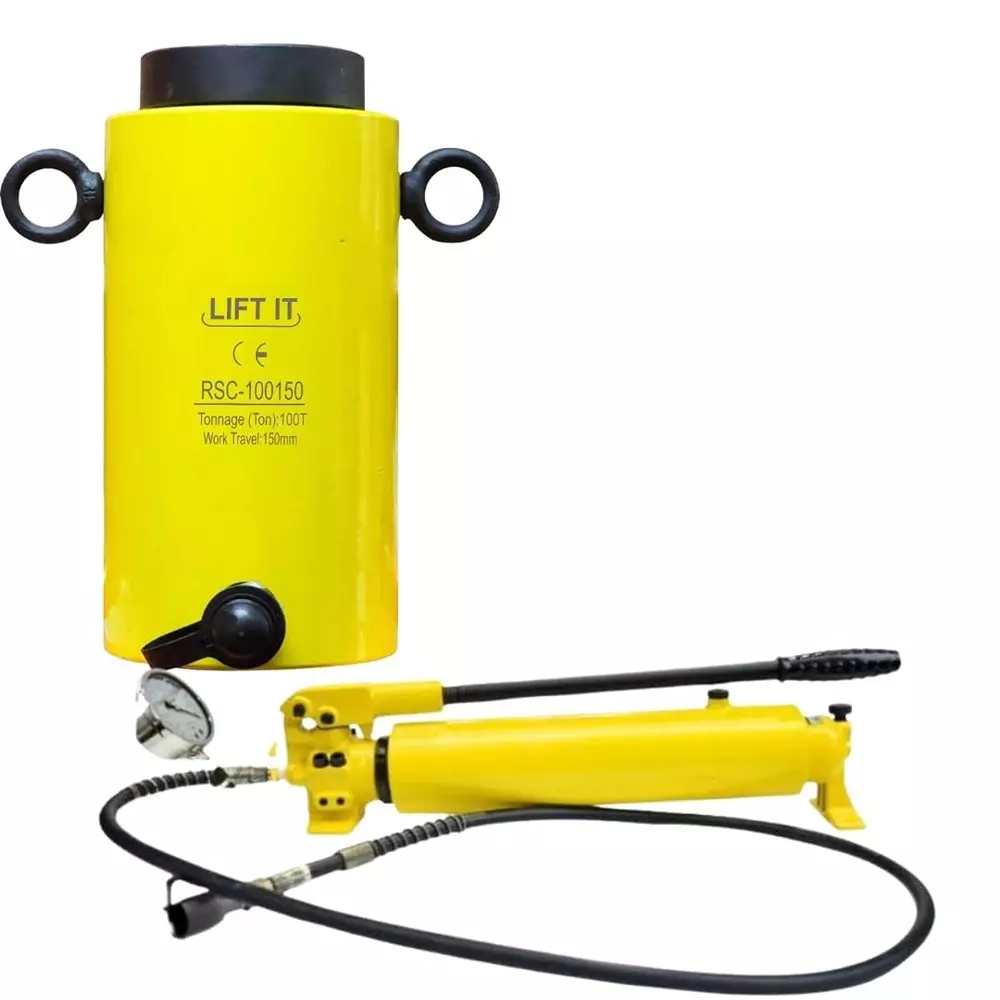 Liftit Hydraulic Single Cylinder Jack with JCP 700B Pump 100 Ton Lifting 150 mm Stroke Length 177 mm Outside Dia., RSC-100150