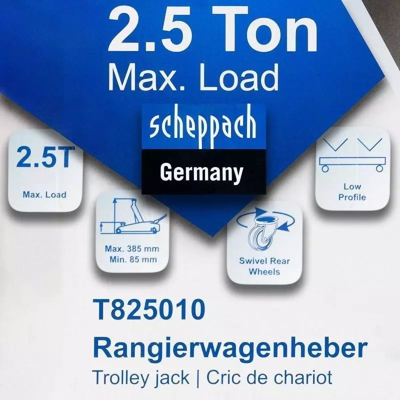 Scheppach Low Profile Hydraulic Jack with Rubber Pad 2500 Kg Load Capacity 385 mm Maximum Lifting Height, Sch-T825010