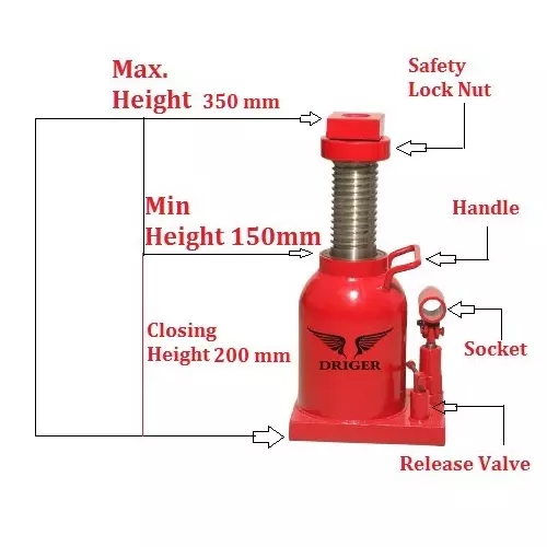 DRIGER Heavy Duty Hydraulic Bottle Jack 25 Ton Load Capacity 350 mm Maximum Lifting Height, DBJ25