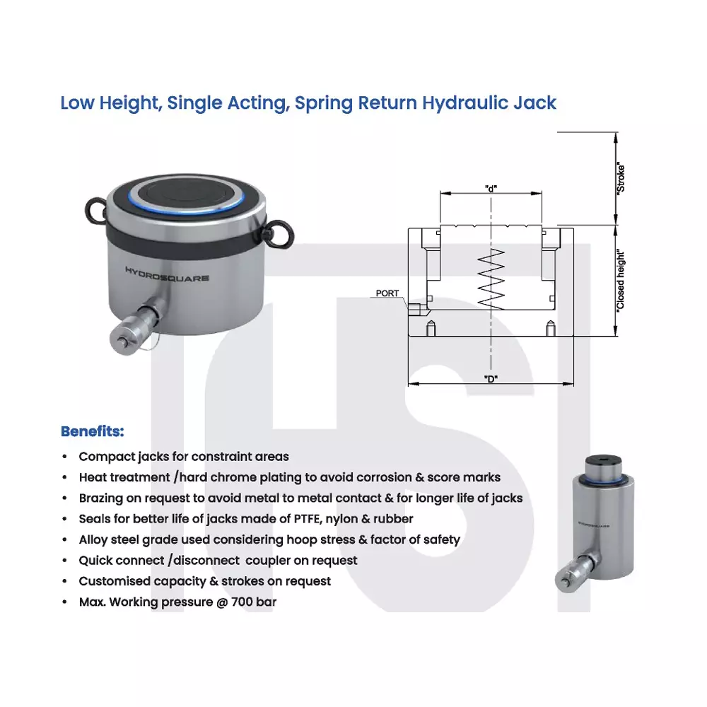 Hydro Square HLS Series 100000 Kg (100 Ton) Low Height Hydraulic Jack 60 mm Stroke, HLS-100/60
