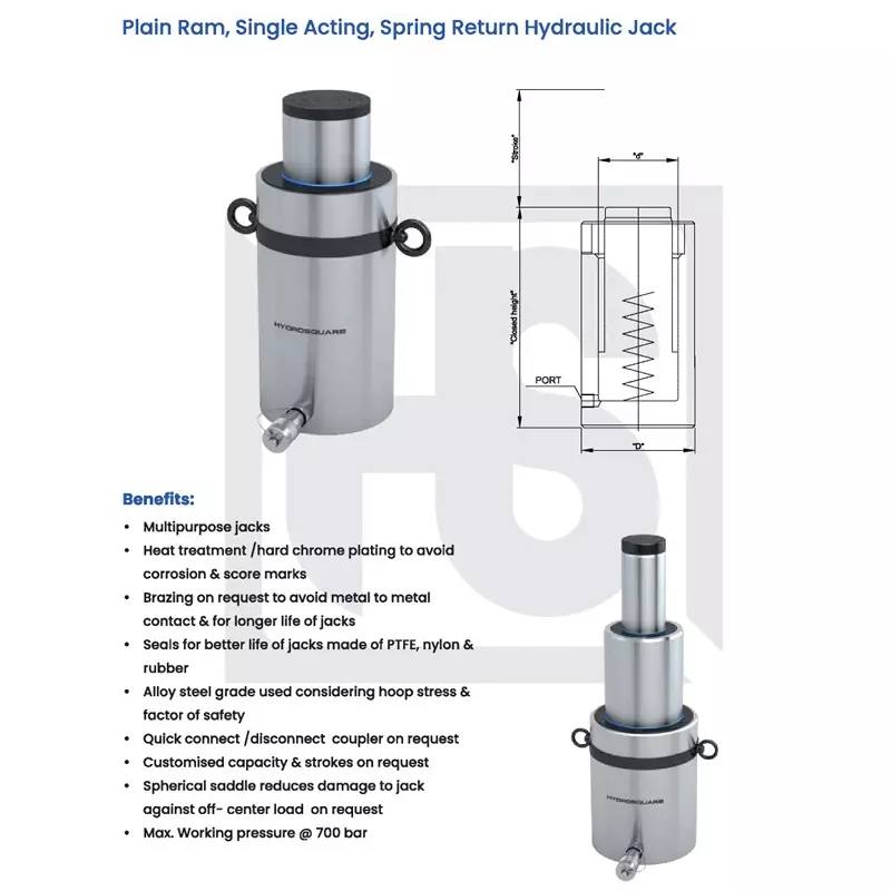 Hydro Square HPS Series 25000 Kg (25 Ton) Single Acting Hydraulic Jack 100 mm Stroke, HPS-25/100