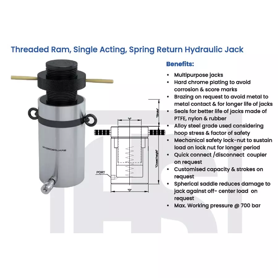Hydro Square HTS Series 50000 Kg (50 Ton) Treaded Ram Hydraulic Jack 150 mm Stroke, HTS-50/150