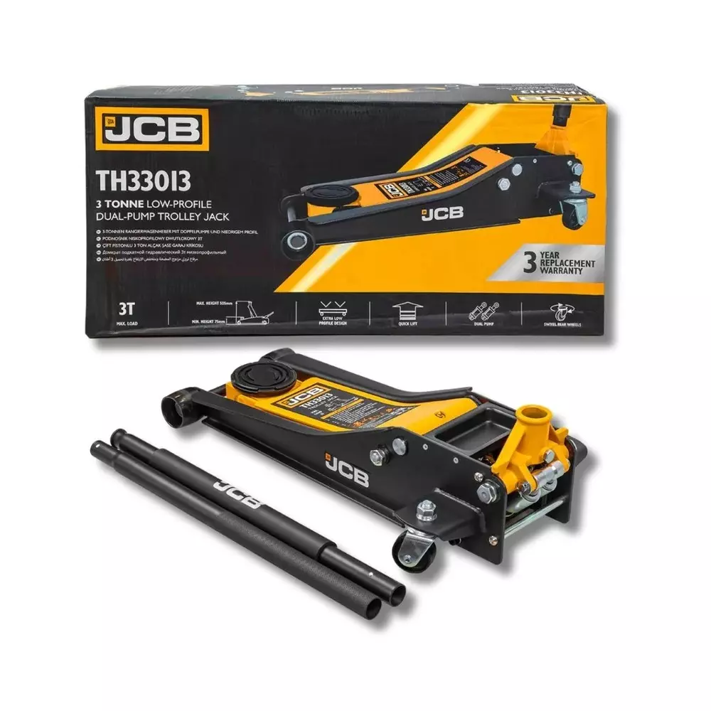 JCB Hydraulic Floor Jack with Rubber Pad 3 Ton (3000 Kg) Iron & Rubber Yellow & Black for Automobile Industry, JCB-TH33013