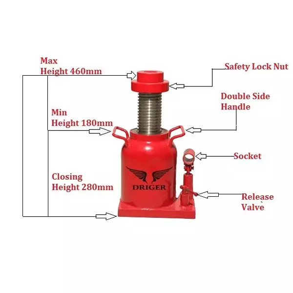 DRIGER Heavy Duty Hydraulic Bottle Jack 100 Ton Load Capacity 460 mm Maximum Lifting Height, DBJ100