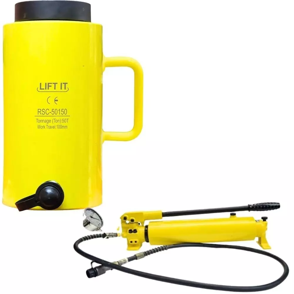 Liftit Hydraulic Single Cylinder Jack with JCP 700B Pump 50 Ton Lifting 150 mm Stroke Length 127 mm Outside Dia., RSC 50150