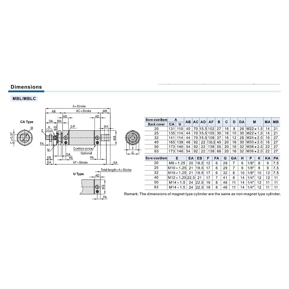 Airtac MBL Series Pneumatic Mini Cylinder (Aluminum Barrel) Double Acting 20 mm Bore Dia. 150 mm Stroke Length