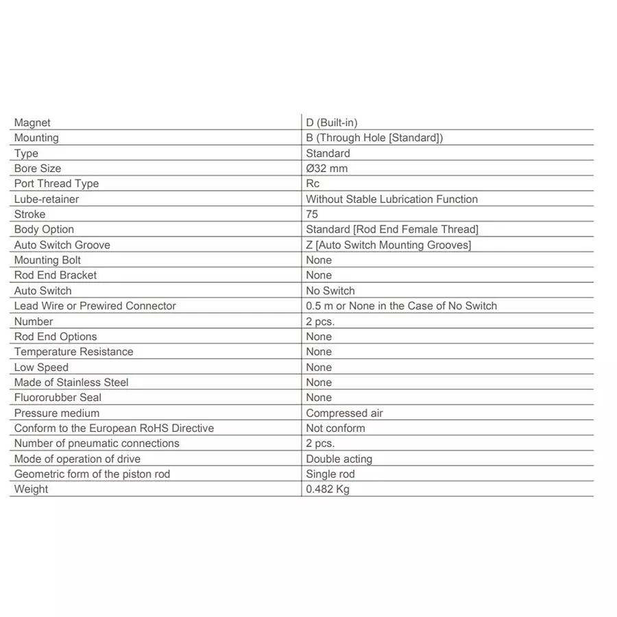 SMC Rc/M 32 mm Bore Size 75 mm Stroke Compact Cylinder, CDQ2B32-75DZ