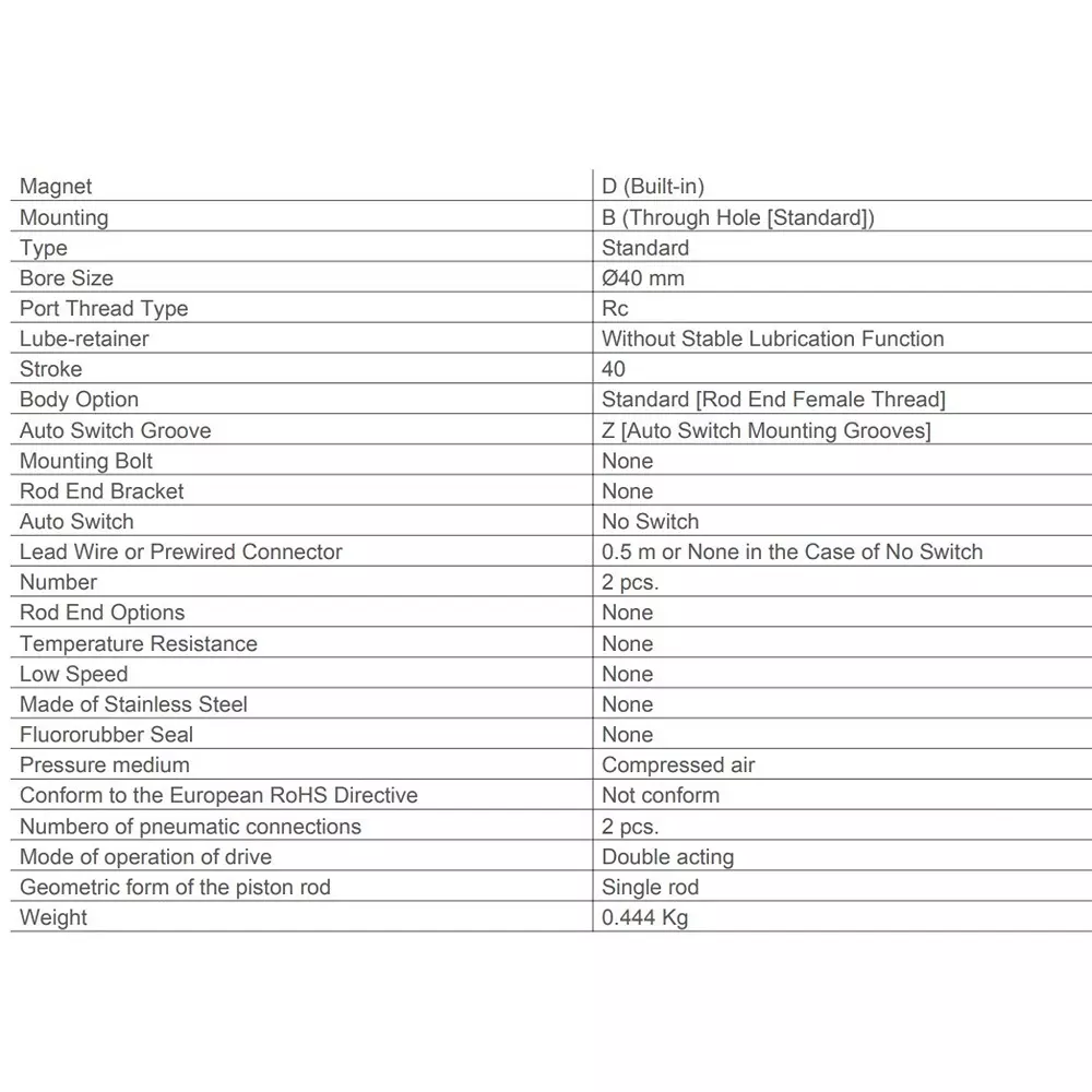 SMC Rc/M 40 mm Bore Size 40 mm Stroke Compact Cylinder, CDQ2B40-40DZ
