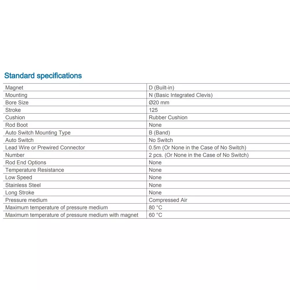 SMC 20 mm Bore 125 mm Stroke Auto Switching Round ISO Cylinder, CD85N20-125-B