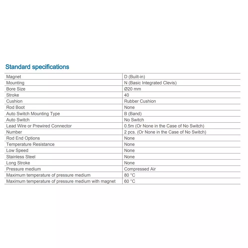 SMC 20 mm Bore 40 mm Stroke Auto Switching Round ISO Cylinder, CD85N20-40-B