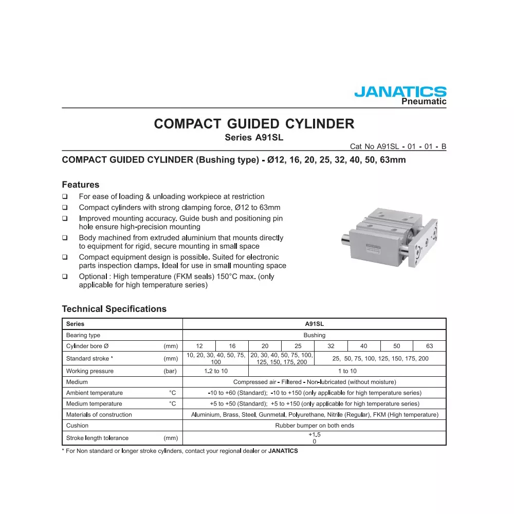 Janatics 25 x50 mm Double Acting Compact Guided Cylinder, A91SL025050