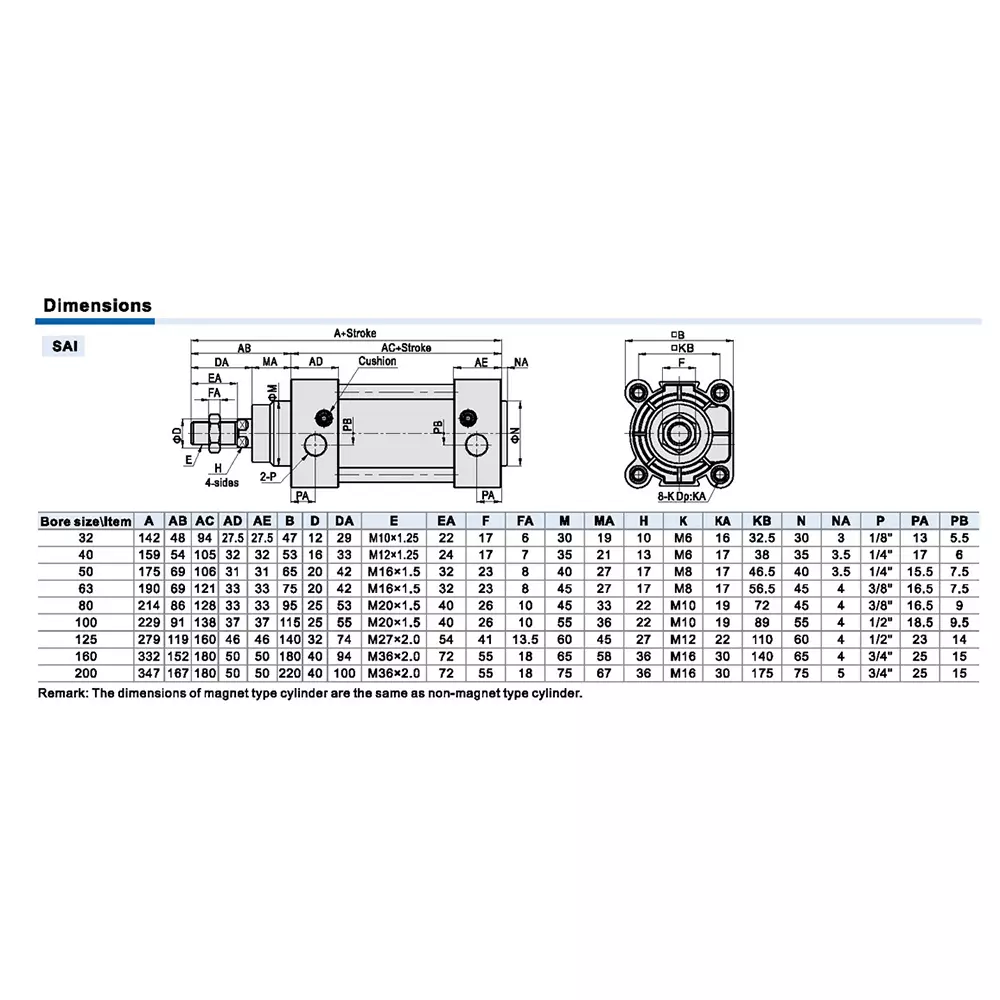 Airtac SAI Series Double Acting ISO 15552 Pneumatic Cylinder 32 mm Bore Dia. 25 mm Stroke Length, 12 mm Rod Size