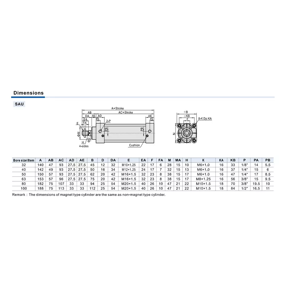 Airtac SAU Series Double Acting Pneumatic Cylinder 100 mm Bore Dia. 125 mm Stroke Length, 25 mm Rod Size