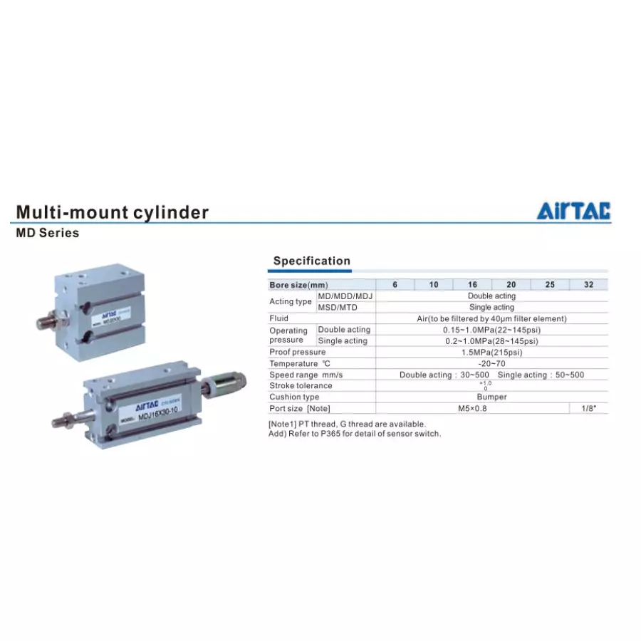 Airtac MD Series Multi-Mounting Cylinder With Magnet Double Acting 25 mm Bore Dai. 25 mm Stroke Length