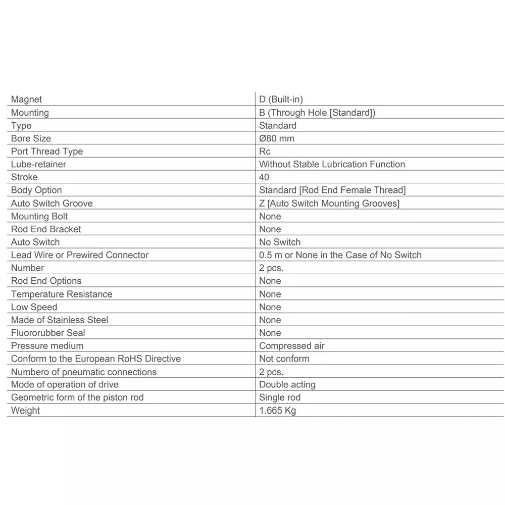 SMC 80 mm Bore, 40 mm stroke Compact Air Cylinder, CDQ2B80-40DZ