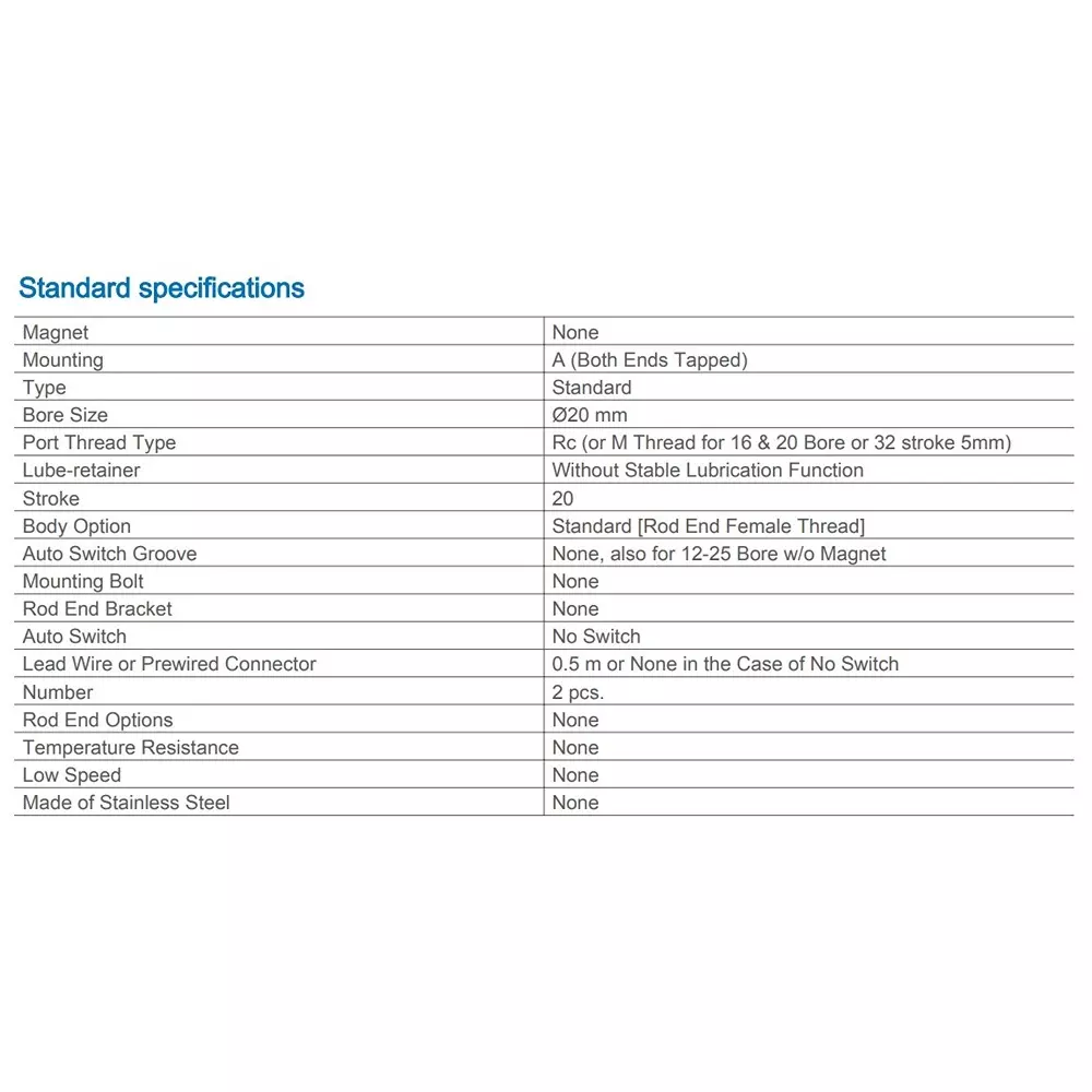 SMC 20 mm Bore 20 mm Stroke Standard Compact Cylinder CQ2A20-20D