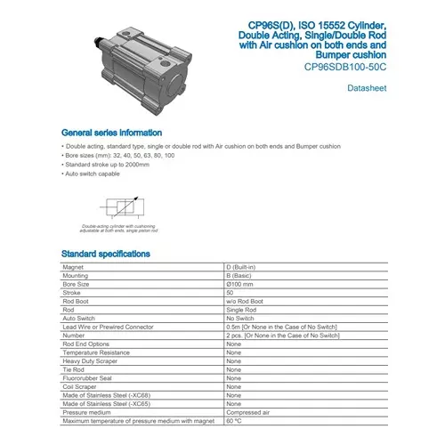 SMC ISO Air Cylinder 100mm Bore 50mm Stroke CP96SDB100-50C