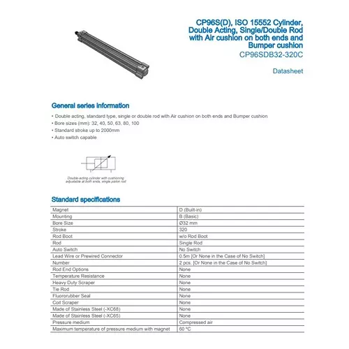 SMC Standard ISO Air Cylinder 32 mm Bore 320 mm Stroke CP96SDB32-320C