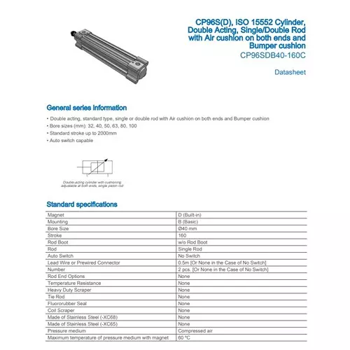 SMC Standard ISO Air Cylinder 40 mm Bore 160 mm Stroke CP96SDB40-160C