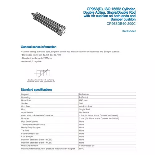 SMC Standard ISO Air Cylinder 40 mm Bore 200 mm Stroke CP96SDB40-200C