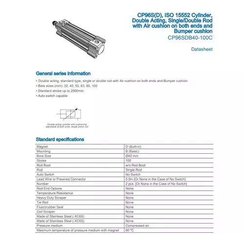 SMC Standard ISO Air Cylinder 40 mm Bore 100 mm Stroke CP96SDB40-100C