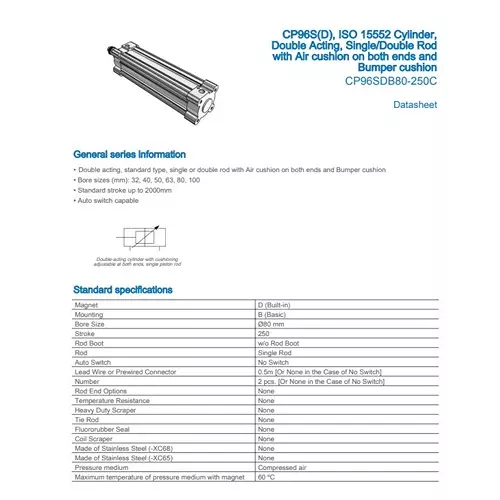 SMC Standard ISO Air Cylinder 80 mm Bore 250 mm Stroke CP96SDB80-250C