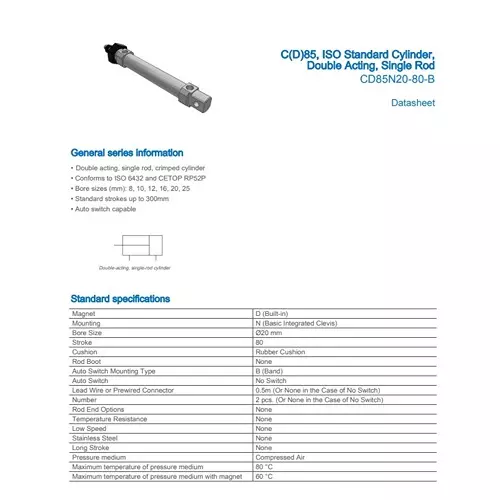 SMC Standard ISO Air Cylinder 20 mm Bore 80 mm Stroke CD85N20-80-B