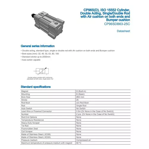 SMC Standard ISO Air Cylinder 63 mm Bore 25 mm Stroke CP96SDB63-25C