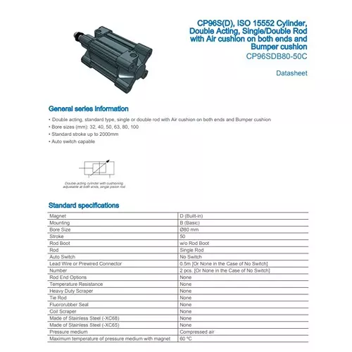 SMC Standard ISO Air Cylinder 80 mm Bore 50 mm Stroke CP96SDB80-50C