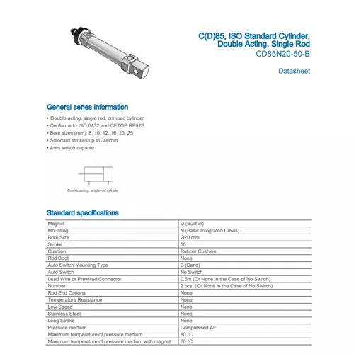 SMC Standard ISO Air Cylinder 20 mm Bore 50 mm Stroke CD85N20-50-B
