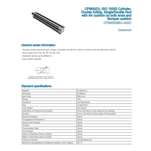 SMC Standard ISO Air Cylinder 63 mm Bore 400 mm Stroke CP96SDB63-400C