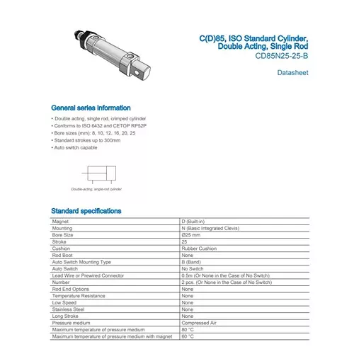 SMC Standard ISO Air Cylinder 25 mm Bore 25 mm Stroke CD85N25-25-B
