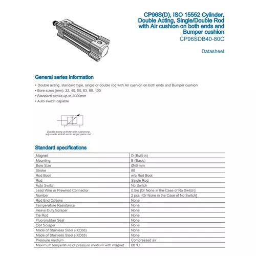 SMC Standard ISO Air Cylinder 40 mm Bore 80 mm Stroke CP96SDB40-80C