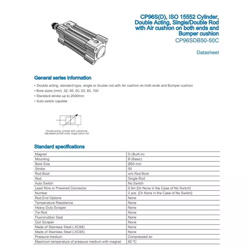 SMC Standard ISO Air Cylinder 50 mm Bore 50 mm Stroke CP96SDB50-50C