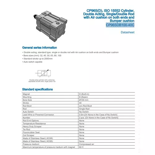 SMC ISO Air Cylinder 100mm Bore 40mm Stroke CP96SDB100-40C