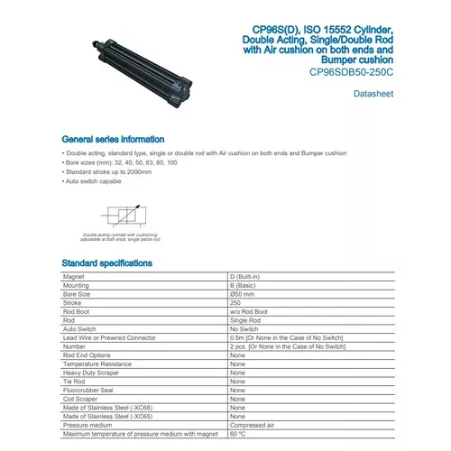 SMC Standard ISO Air Cylinder 50 mm Bore 250 mm Stroke CP96SDB50-250C