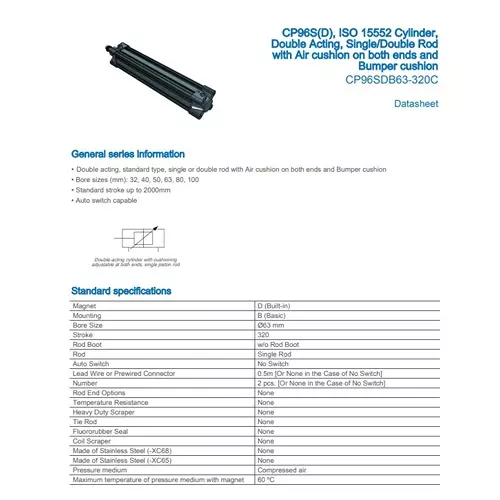 SMC Standard ISO Air Cylinder 63 mm Bore 320 mm Stroke CP96SDB63-320C