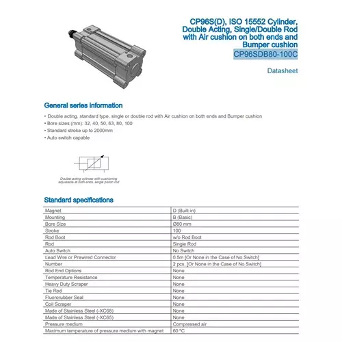 SMC Standard ISO Air Cylinder 80 mm Bore 100 mm Stroke CP96SDB80-100C