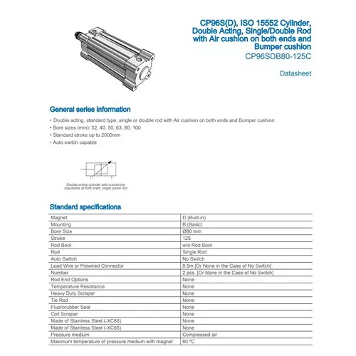 SMC Standard ISO Air Cylinder 80 mm Bore 125 mm Stroke CP96SDB80-125C