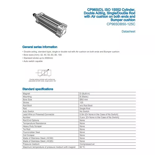 SMC Standard ISO Air Cylinder 50 mm Bore 125 mm Stroke CP96SDB50-125C