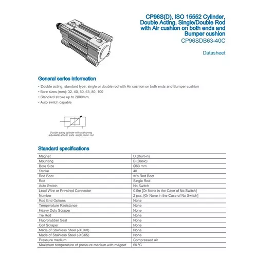 SMC Standard ISO Air Cylinder 63 mm Bore 40 mm Stroke CP96SDB63-40C