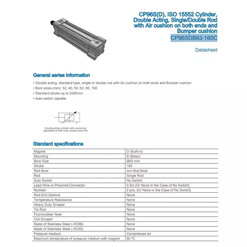 SMC Standard ISO Air Cylinder 63 mm Bore 160 mm Stroke CP96SDB63-160C
