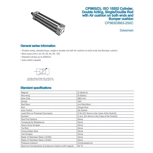 SMC Standard ISO Air Cylinder 63 mm Bore 250 mm Stroke CP96SDB63-250C