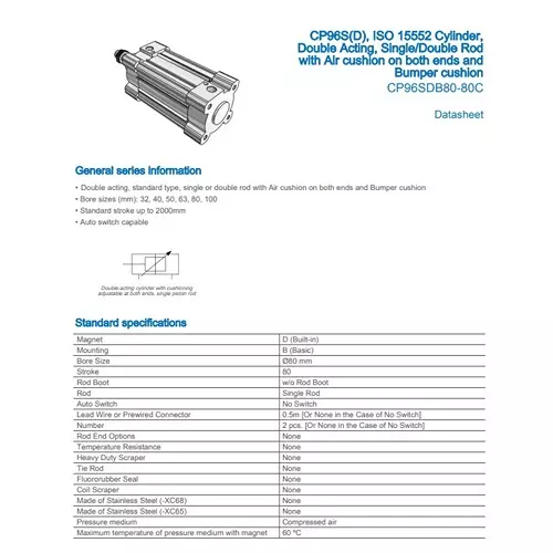 SMC Standard ISO Air Cylinder 80 mm Bore 80 mm Stroke CP96SDB80-80C