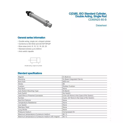 SMC Standard ISO Air Cylinder 25 mm Bore 80 mm Stroke CD85N25-80-B