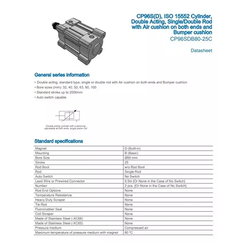 SMC Standard ISO Air Cylinder 80 mm Bore 25 mm Stroke CP96SDB80-25C